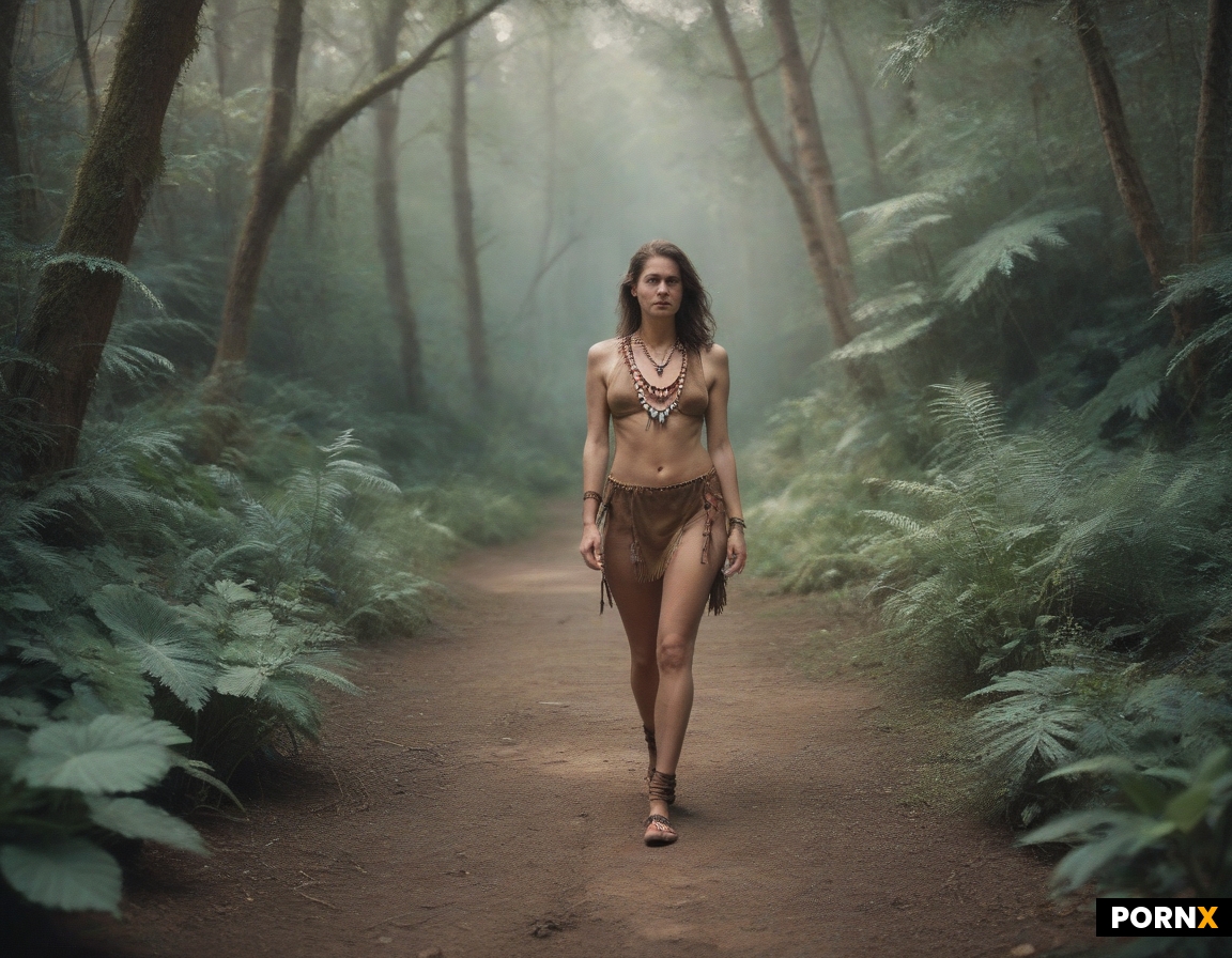 Therapod dinosaur walking with skinny brunette woman wearing Tribal clothing