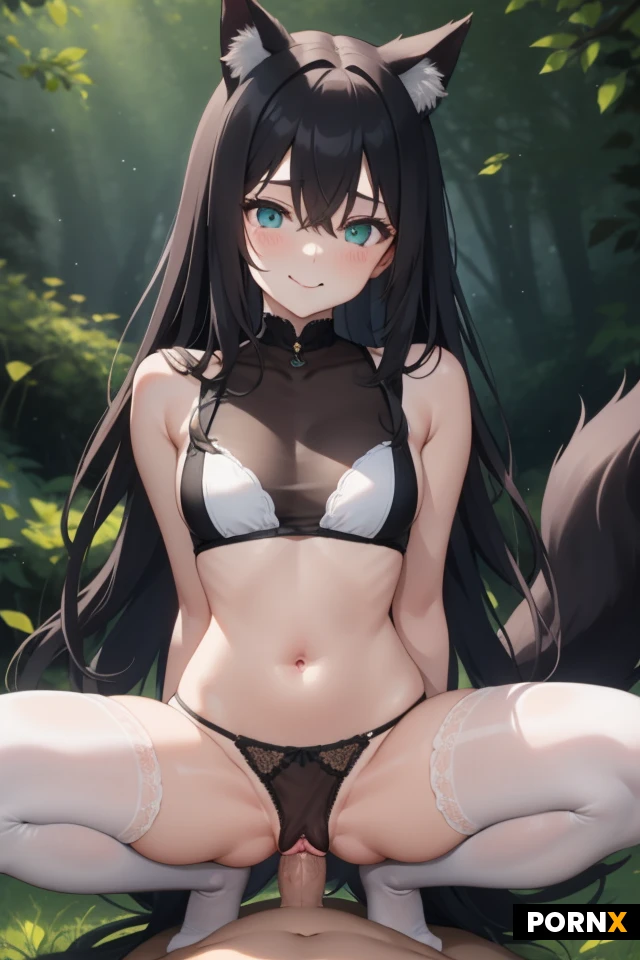 20 year old, tall, fit, lean, one girl with medium breast, bigger than medium ass and thighs.
Refined, attractive, empathetic, sightly self-confident, with a faint untamed charm.
Fair, ivory pale skin color.
Black long straight hair with asymmetrical frontal lengths. Not short black fox ears.
Oval-triangle face shape. Aqua color of eyes, normal eyes spacing with a slight feline-fox sharpness and appearance.
Small, attractive, calm smile.
Without makeup, no makeup.
No tail, without tail.
No more than two legs, two arms, one head, two eyes, no more than normal count of fingers.
White, fabric, short, torn top with big neckline.
White, fabric panties.
White, tight stockings.
Not too close view.
Old, dark forest on soft grass that isn't too short.
Late spring, windy, not hot, some clouds on sky.
Anime 60%, realism 40% style.