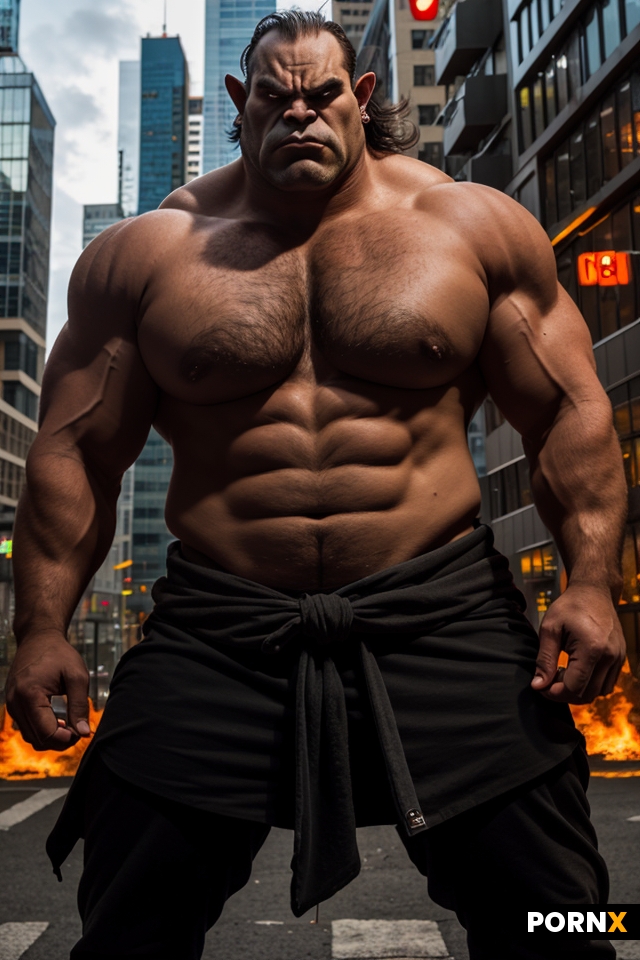 cool male ogre standing outside in city near buildings