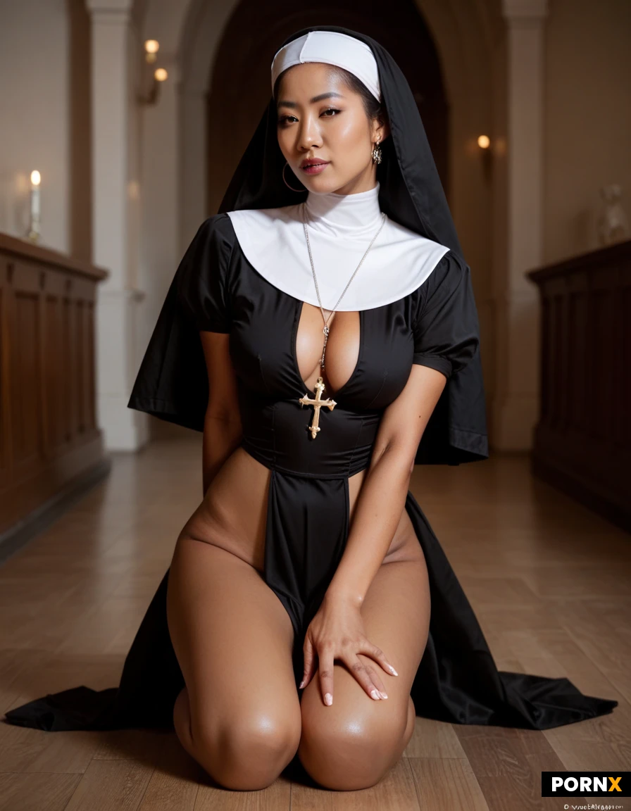 sexy dark skinned asian, sexy nun outfit.Dynamic angle,Cinematic light,Perfect photo,Perfect photo in 8K Resolution on her knees