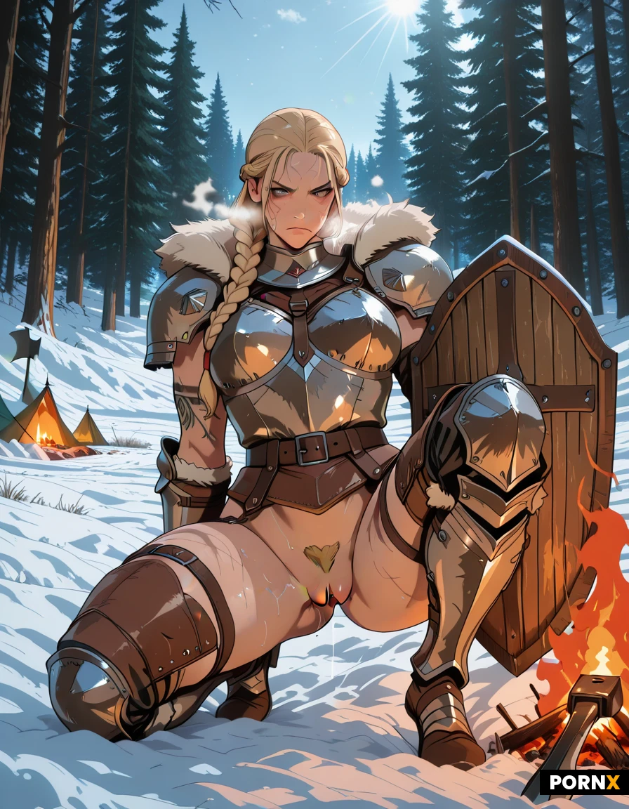 high definition, super realistic, raw pretty Viking berserker maiden, pretty face, blonde braided hair, big and muscular body, intricate Nordic tattoos across her shoulders and chest, viking wooden shield, leather belts, fur-lined leather armor, riveted mail, viking single edged axe, serious and expression, leather and metalchest armor, leg armor, some pussy hair, cowgirl position, vaginal penetration, armored viking man, long cocks, stretched pussy, she roars loudly with her eyes widely opened, very sweaty body, big muscle ass, many deep scars on thighs and arms, (steam from heave breath in cold weather :1.3), (a large piece of fur on the ground under the mam's body:1.3), background, forest, snow and ice, (camping fire :1.2), sunlight, realistic reflection effect of ice, cinematic light, detailed armor, detailed on face, detailed on eyes,