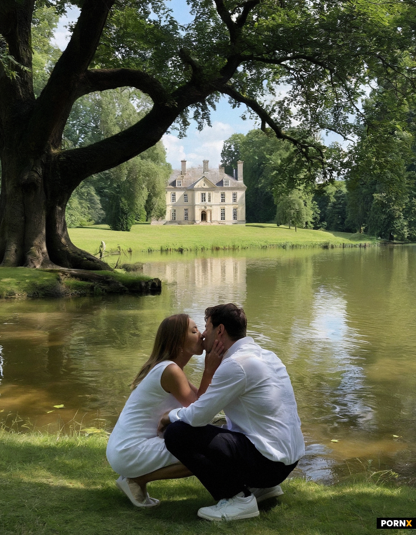 squatting blowjob under a great oak tree with exposed roots and full canopy beside a calm lake