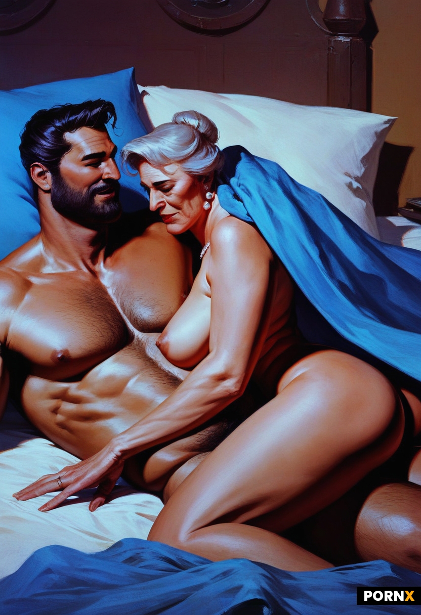 Dapper younger man is laying behind busty chunky grandmother spooning her underneath blankets in bed