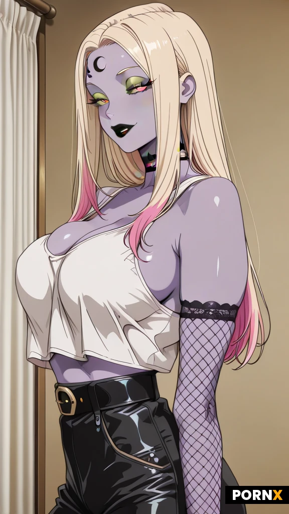 one woman, purple skin, standing long hair, straight hair, curtain hairstyle, blonde hair with pink highlights at the tips, green sclera, big eyes, pink eyes, big lips, black lipstick, seductive smile, big breasts, side boob, cleavage, midriff, fit, cumgutters, skinny, crescent moon tattoo on forehead, fishnet choker, white tank top, fishnet sleeve with gold bands, high waisted black g-string, black pants with a belt loop around lower waist, simple background