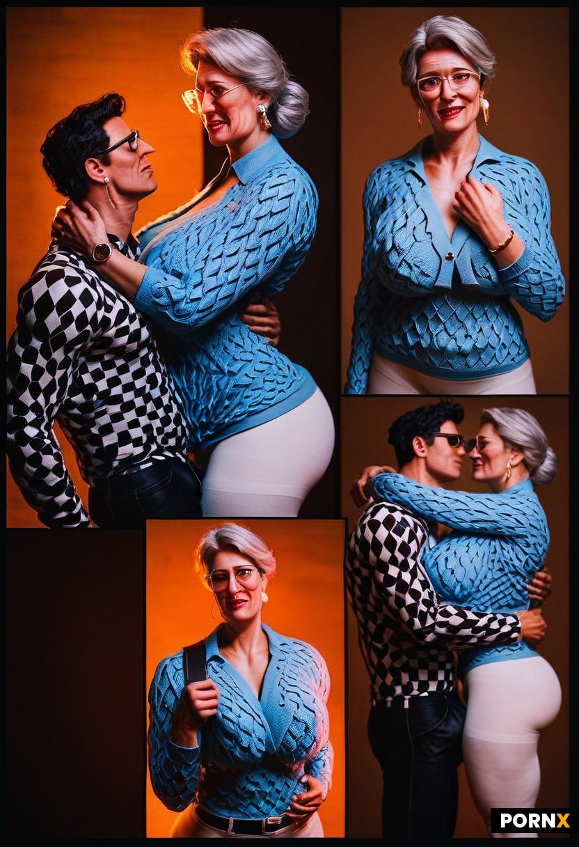 Dapper younger man age is 18 who is  hugging Thick busty Grandmother