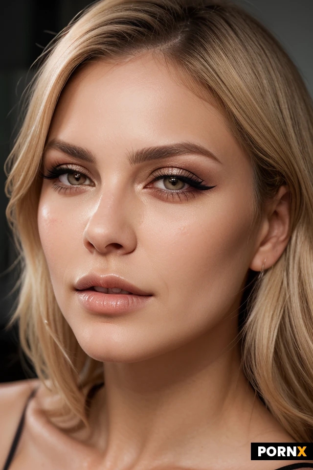 Cinematic hyperrealistic macro portrait of a stunning blonde woman, extreme close-up on her face. Flawless, glowing skin with visible pores and fine peach fuzz. She is wearing high-fashion, maximalist makeup: sharp, precise black eyeliner, dramatic voluminous false eyelashes, shimmering metallic eyeshadow, heavily contoured cheekbones with a wet dewy finish, and perfectly glossed, plump lips. Individual strands of her sleek blonde hair are sharply in focus. The lighting is a mix of soft studio beauty light and a warm rim light that highlights the texture of the makeup and the glow of her skin. 8k resolution, photorealistic, editorial beauty photography, incredibly detailed, sharp focus, hyper-detailed textures.