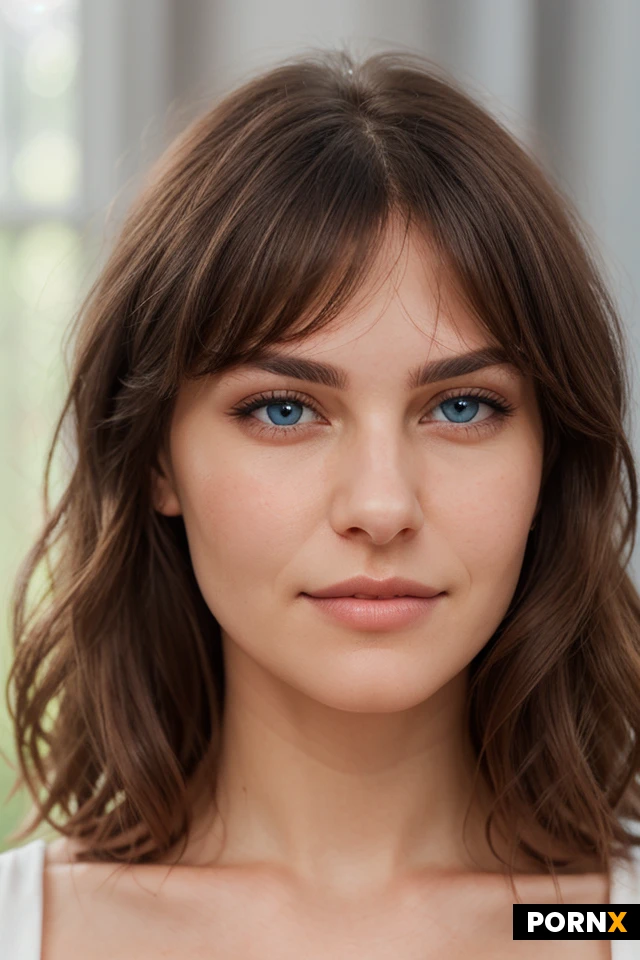 A realistic portrait of a woman in her mid-20s. She has fair skin with a soft natural glow, a heart-shaped face, high cheekbones, full lips, and large expressive blue eyes. Her hair is long, wavy blonde with soft curtain bangs framing her face. She has a, slim build and a subtle, confident expression with a soft smile. Detailed facial features, photorealistic, natural lighting, sharp focus on the face, high detail.
