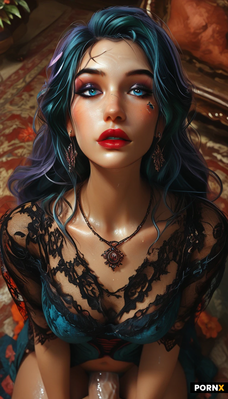 4k definition, super realistic, Victorian style woman 20s, pretty face, long hair, blue eyes, ,makeup, eyeline, earring, beautiful necklace, more jewelery on cloth, red cloth, old fashioned stocking, missionary position, man fuck her pussy in pov, see cock and wet pussy, trimmed pussy hair, background, elegant palace room, floor tile, carpet, old fashion chair, painting on the wall, flower, vase, detail on cloth, detail on face, detail on background, dynamic angle