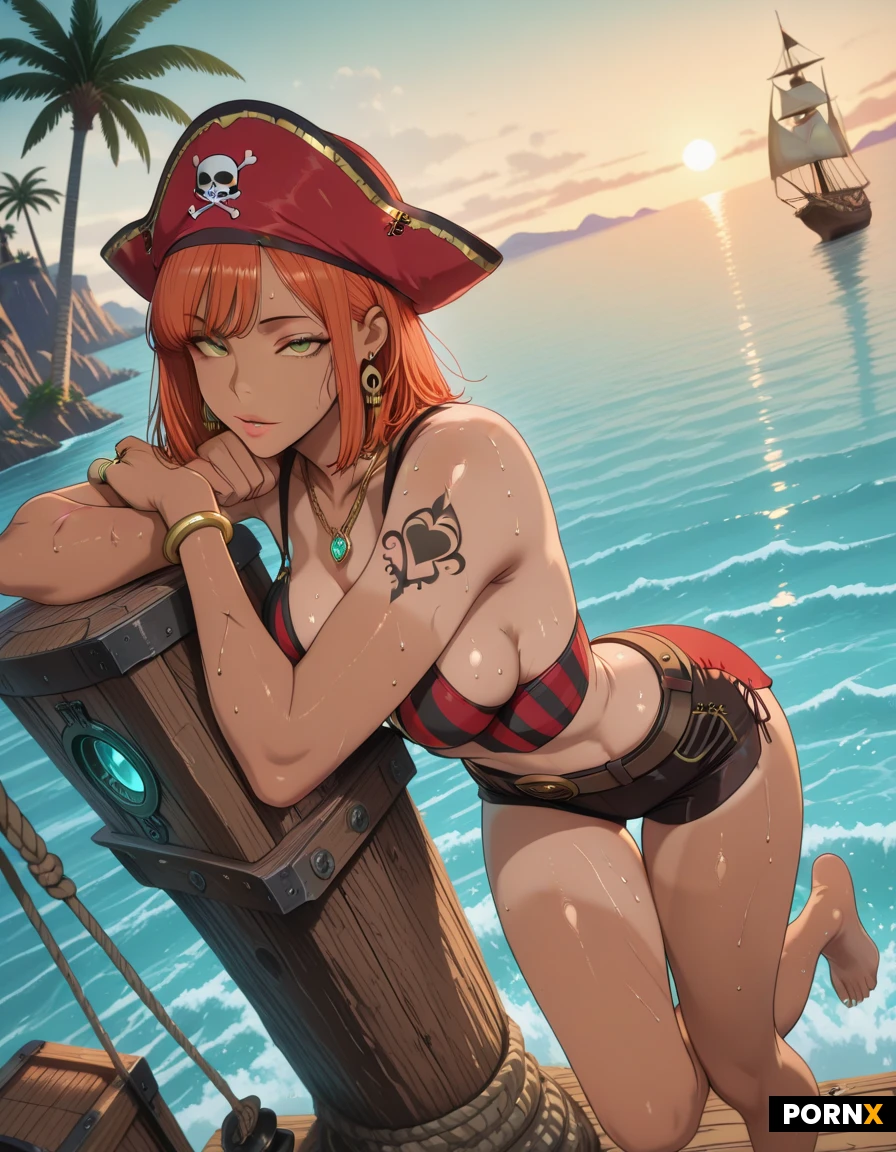 masterpiece, best quality, highres, absurdres, 1girl, adult, solo, skinny, seductive, looking at viewer, soft lighting, warm lighting, close up, shallow depth of field, perfect face, perfect body, hot posing, perfect legs, outfit full of details, hot cute pirate, pirate earrings, ginger medium hair, full lips, a lot of tattoo, medium breasts, white red pirate striped outfit, a lot of scars, smutty, worn-out outfit, green eyes, tanned, belt, compass, rings, sweaty, perfect feet, golden necklaces, sideboobs, pirate bandana, golden bracelets, lots of gold accessories, a breathtaking panoramic view of a hidden pirate fantasy bay, seen from a high rocky cliff overlooking the entire cove. Crystal clear turquoise and emerald water, dramatic white cliffs surrounding the bay, lush tropical vegetation, ancient pirate outposts built into the rocks, wooden docks, pirate ships and sailing vessels anchored in the calm water, scattered treasure crates and old watchtowers, mysterious atmosphere with adventurous vibes, bright summer daylight, deep blue ocean stretching to the horizon, cinematic composition, vibrant colors, highly detailed background, wide-angle shot, aerial perspective, fantasy world, masterpiece, ultra detailed, 8K, sharp focus, resting on a palm tree