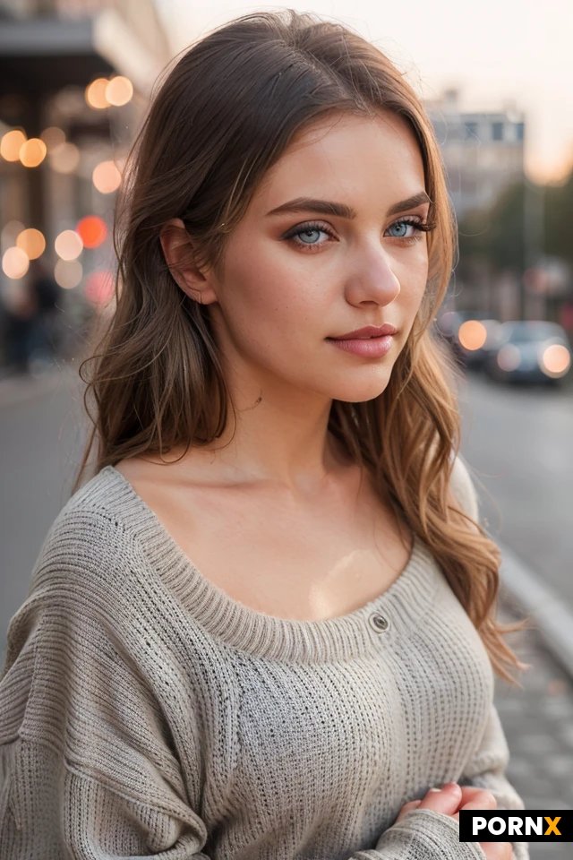 A strikingly beautiful adult woman in her late twenties, with long, flowing blonde wavy hair cascading over her shoulders, bright blue-gray eyes that glisten, soft pink lips, and natural glowing makeup, stands against a blurred urban street backdrop. She wears a cozy beige knitted sweater that drapes delicately over her slim torso, her hands gently cradling the side of her neck as a warm golden sunlight streams in, illuminating her skin and the thick cum that coats her face, hair, and the top of her sweater in glossy, realistic detail. The scene is captured with cinematic soft rim lighting and a shallow depth of field, using an 85mm lens that keeps razor-sharp focus on her eyes while the surrounding city lights melt into a creamy bokeh. The composition is rendered in photorealistic 8K resolution, emphasizing every strand of hair, every droplet of cum, and the texture of the knit fabric, delivering an editorial-quality fashion portrait with an overtly erotic twist.