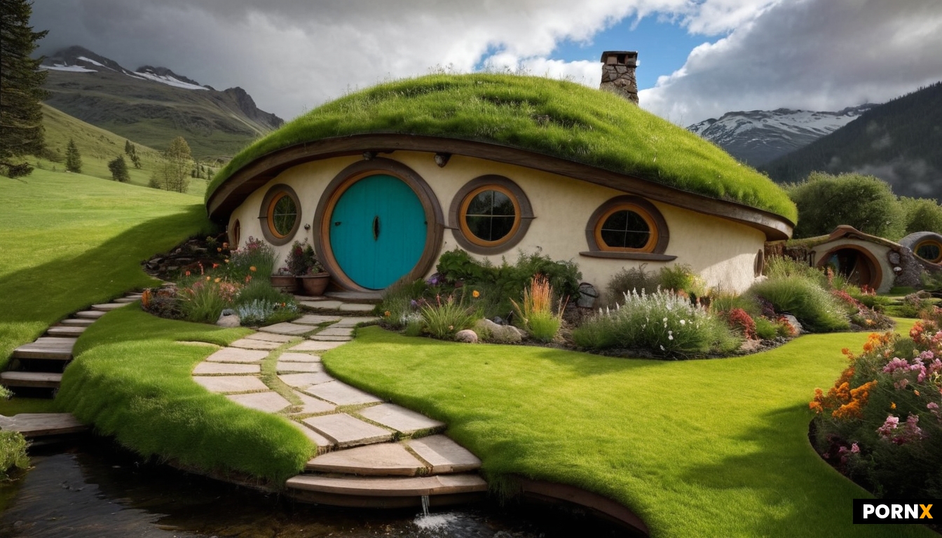 A futuristic sci-fi style hobbit house in the foothills with a big round circular wooden door and ci