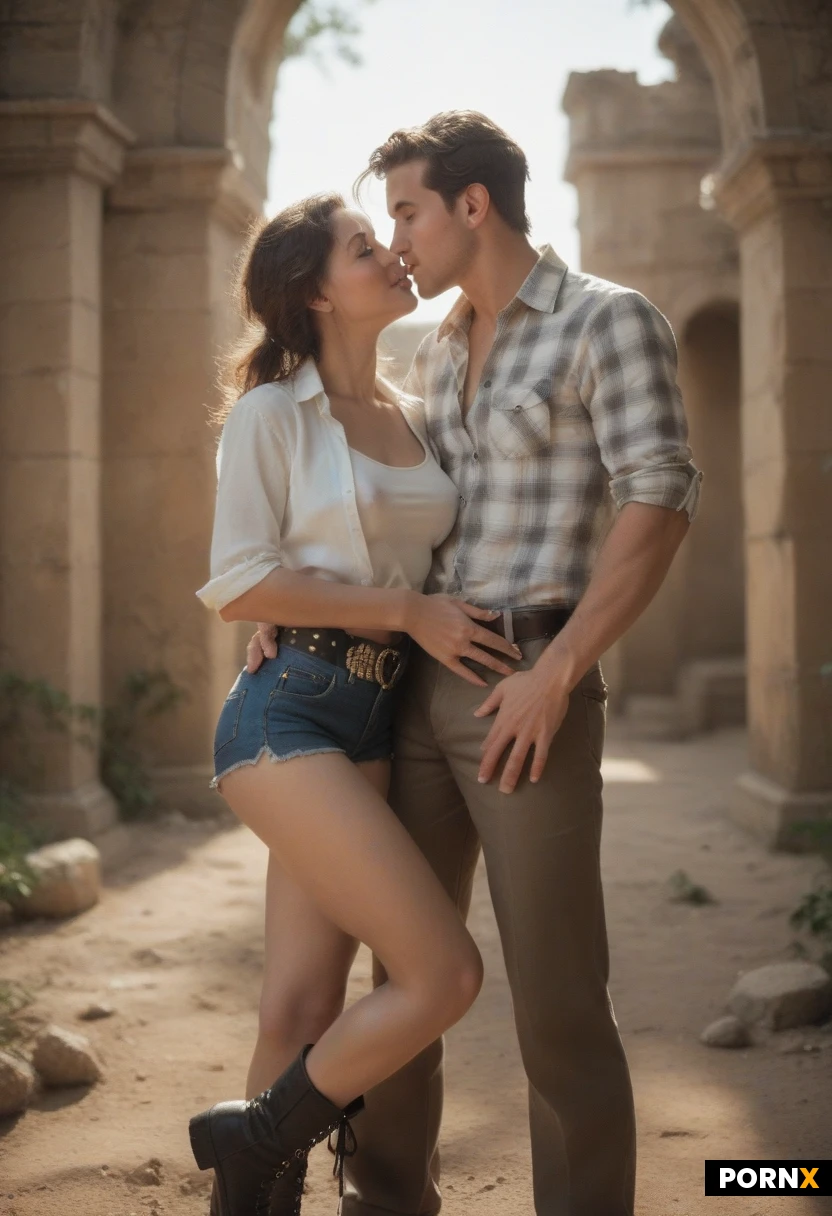 25+, european, extraordinary beautiful woman, archeologist, athletic body, brown hair, medium hair, ponytail, medium breasts, perky breasts, huge erect nipples, slim figure, small ass, skinny thighs, thigh gap, slim waist, perfect legs, portrait, trimed hairy pussy area, he is wearing an unbuttoned plaid shirt with the sleeves rolled up, a white sports bra under the shirt, short denim shorts, ankle boots with a low heel, a leather belt with a silver buckle, a flashlight in a holster clipped to his belt, smile, blushing, without makeup, looking at viewer, close view, on an archaeological dig among the Incas ruins, a woman hugs a middle-aged man around the neck, a middle-aged man holds the woman by the waist, passionate french kiss