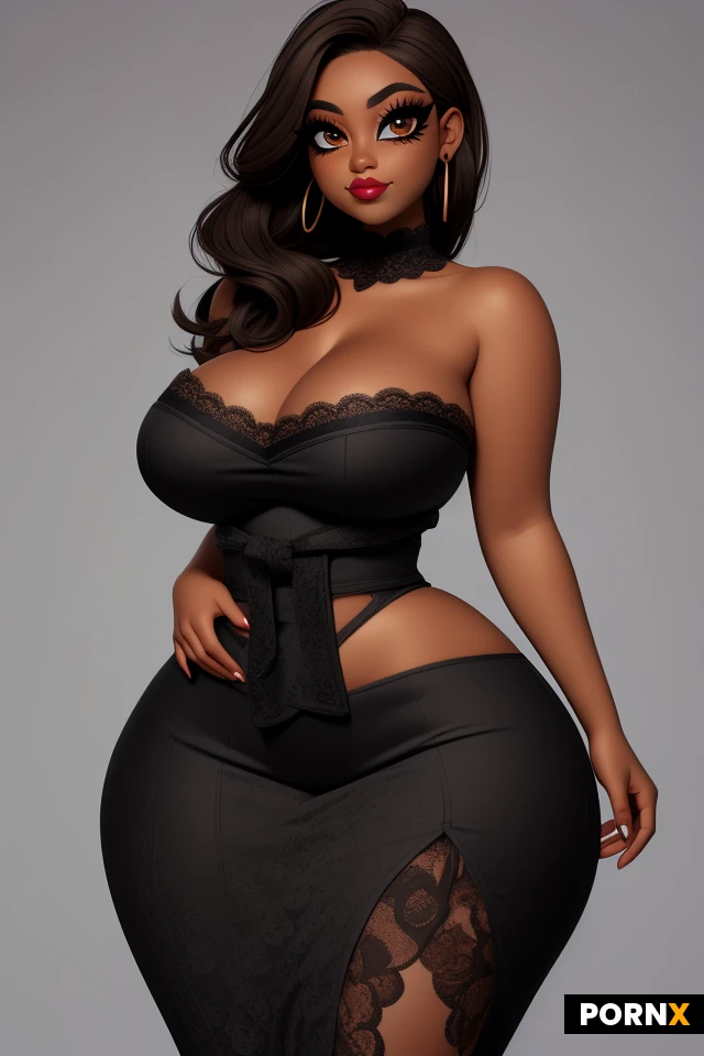 woman, dark skin, light brown hair, lots of makeup, (thick black eyeliner:1.2), long eyelashes, (eye shadow:1.2), huge fat lips, earrings, (curvy:1.5), (thick:1.45), perky, tight, firm, (wide hips:1.5), (narrow waist:1.475), lipstick, (large eyes:1.1), (amber eyes:1.1), lace dress, smirk, portrait