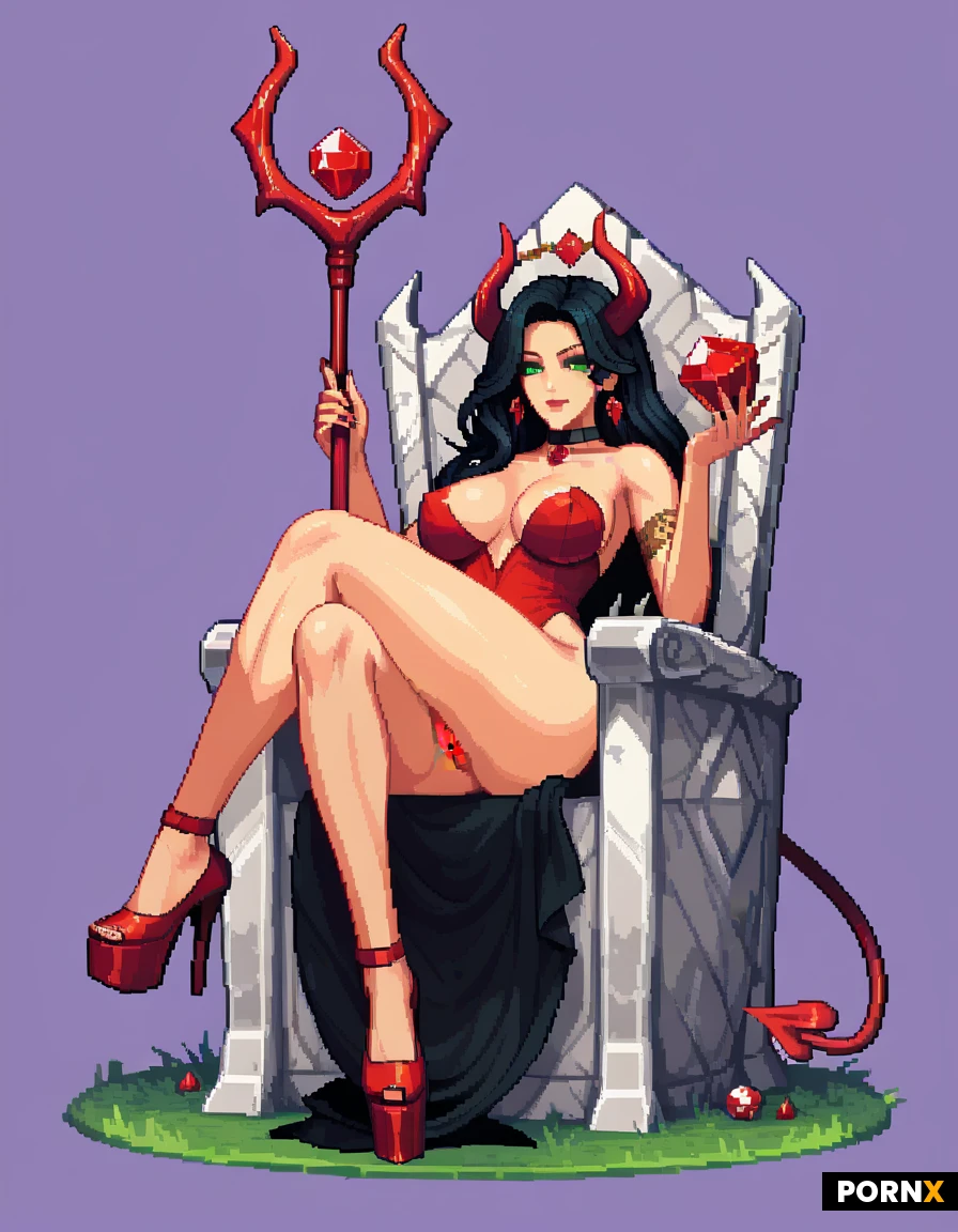 A demon/devil queen sitting on a carved stone throne. She has small red horns, long black hair, bright green eyes and a red arrow-tipped tail. 34D breasts. Wearing a long black gown with red cord lacing crossed over the bodice. Legs open, exposed vagina. Red strappy platform heels, and a choker with a red gem. Holding a tall silver trident. Plain purple background.