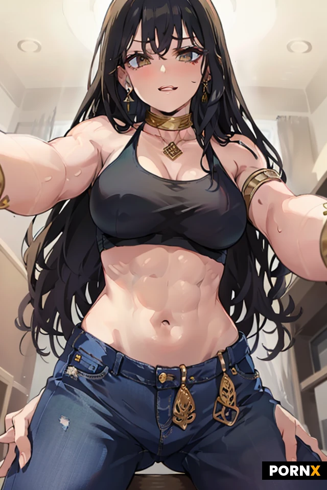 One lady, a split on centre of her face, splitting her as left and right half from middle. No earring on left ear, trimmed on left side, long hair on right side, big gold earring only on right ear, saree on right, jeans on left. Full f1 racing t-shirt on left. gold jewelleries on right.
No bangles on left hand, building bicep and tricep. Gold Bangles on right hand, Saree drapped on right from right top to right bottom, jeans on left. Masculine buldgy bodybuilder on left, feminine on right.
Image only no text from now
Only feminine and muscular women, no man.
Make the face symmetric, while keeping split. And full body view