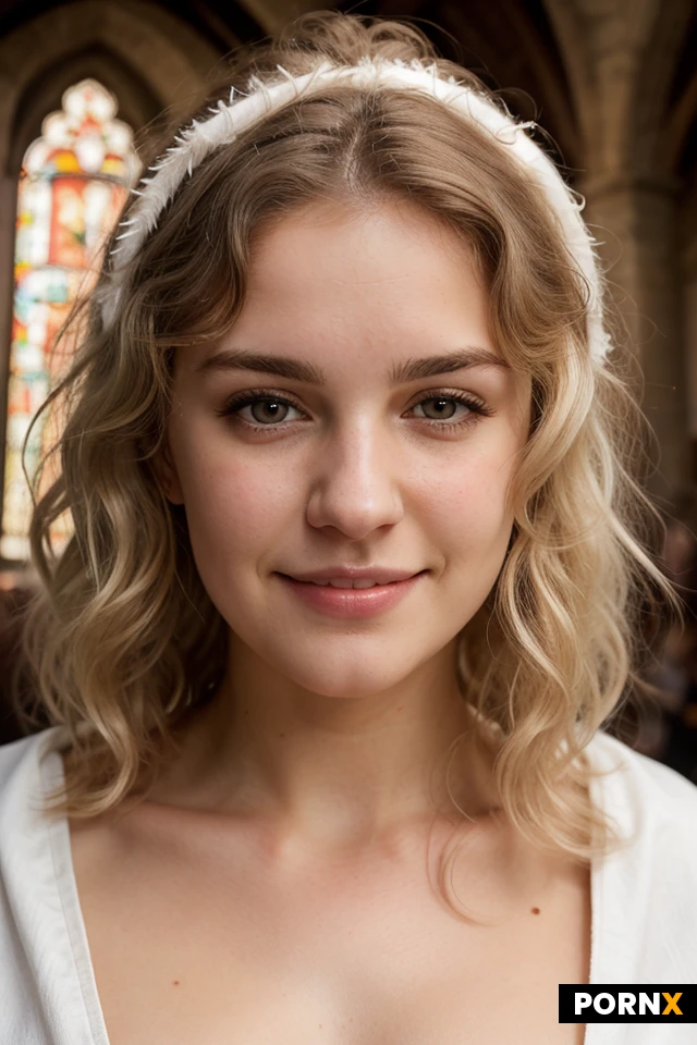 Woman, One, Fat, Thick, Naked, Dark scene, Closeup Portrait, White skin, Pale skin, 18 Years old, Small breasts, Small ass, Cute face, Beauty face, Happy face, White, German, Church, Brown eye color, Blonde hair, Pubic hair, White hair, Messy hair, Curly hair, Viking costume, Mountains