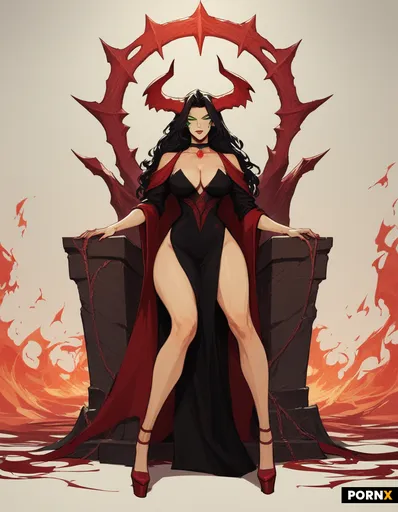 A demon or devil queen seated on a carved stone throne