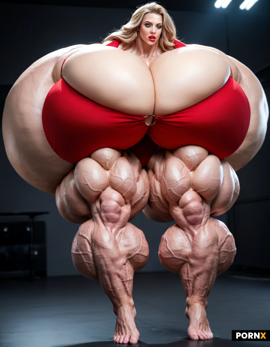 beautiful platinum blonde woman, long wavy hair, huge breasts, hourglass curvy body, fair skin, Full body sideview image of a ultimative Super mega muscular female hyper muscle bodybuilder model, fixing her hair, in her 20s, super slim tiny waist, incredibly mega exaggerated huge boobs, ultra detailed, high resolution, anatomically accurate, perfect fingers, perfect anatomy, (hyper extreme colossal breasts: 1.19999), her soft floppy drooping natural breasts spill down to her sides, breasts drop to the sides of her chest, hyper massive breasts, breasts hypertrophy, disproportionately(gigantic colossal hyper breasts: 1.19999), unrealistic breasts size, giant expansion breast, extremely huge voluptuous breasts, massive breasts, bodylong hair, straight super long golden hair, (exaggerated long hair: 1.9), super defined sixpack which shows every single ab absolutely ripped and defined, perfect hourglass figure, super mega thick mammoth tree like muscular legs, perfect face, feminine face, female facial features, perfect facial features, ultra sexy face, natural face, realistic face, perfect muscular hourglass, Bright green eyes, Extrem exaggerated muscles, ultra hyper massive muscle, expansion muscles, musle goddess, wearing a red bikini, perfect skin, ultimate muscles, long legs, massive muscles, overgrown hypermassive muscles, mega muscles, giganteque muscles, beyond female musle-goddess, mega muscles overgrowth at leg and abs, ultra exaggerated overgrown leg muscles, hypermassive expanded leg muscles, hair reaches the floor, disproportionately(gigantic colossal hypermuscular legs : 2.4), delicate feet, beautiful feet