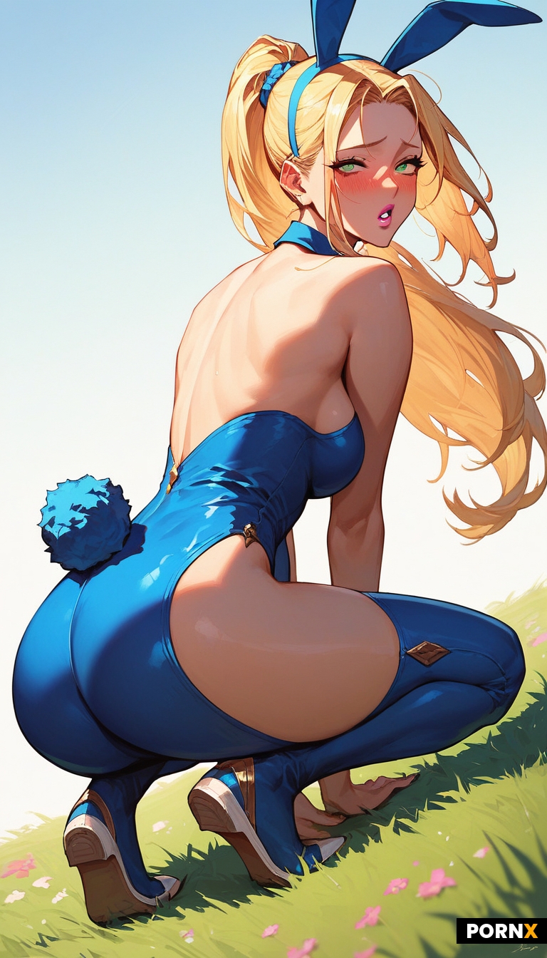 One woman with long blonde hair in a ponytail with bright emerald eyes squatting on all fours in a f