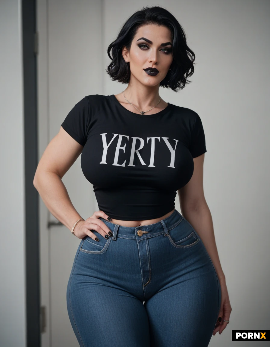 1 girl, 19 years old, voluptuous bodyshape, nerdy, goth, thick black eyeliner, black matte lipstick, demon deep yellow eyes, wavy short hair, jet-black hair, perky boobs, big luscious hips, extremely round thick big hips, lecture study background, black band t-shirt, blue denim jeans, smiles heartily