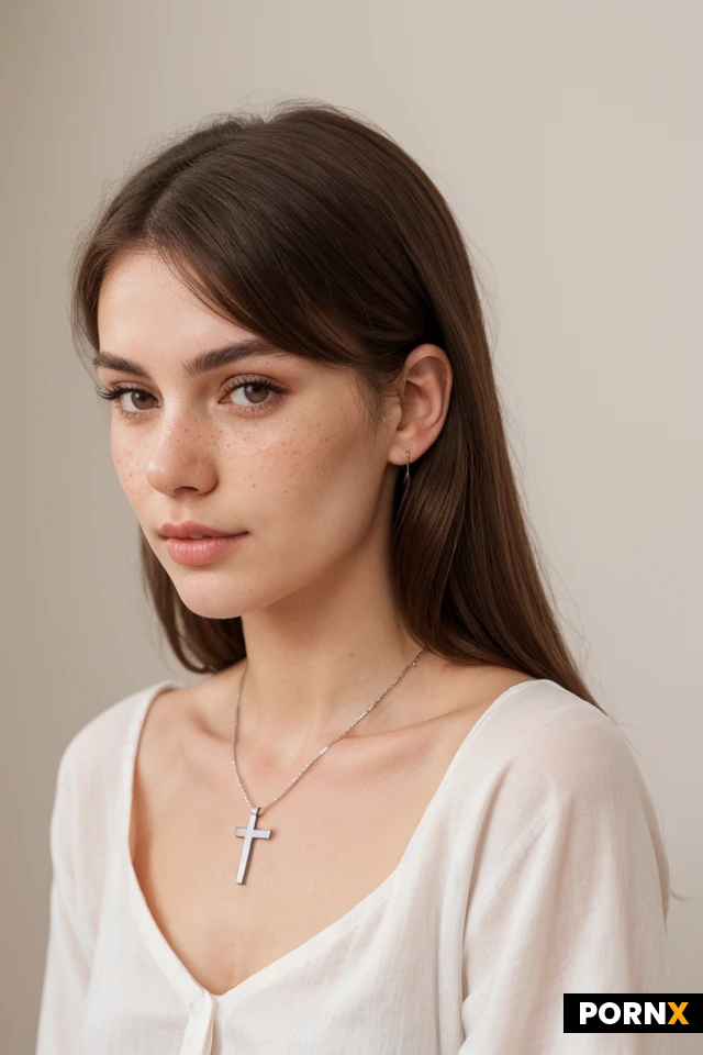 Photorealistic raw studio portrait of a 20-year-old Slavic woman with distinct facial geometry. She has large, deep-set, slightly hooded almond-shaped dark brown eyes with a gentle, calm gaze. High, softly defined eyebrows with a natural, low arch, positioned close to the eyes. A straight nose with a slightly wider, rounded tip and soft nostrils. Her lips are soft pink, with a fuller, well-defined bottom lip and a slightly wider, flatter cupid's bow on the top lip, creating a calm, neutral mouth expression. Soft, rounded jawline with a gentle, smooth chin and slightly prominent, soft cheeks. Flawless fair porcelain skin with realistic skin texture, microscopic pores, and very faint, subtle light freckles on the cheeks. Long, thick, straight light-chestnut brown hair with a clean center part, framing her face and draping over her shoulders. Wearing a relaxed, unbuttoned oversized white linen shirt over a black top, a thin silver chain with a small cross pendant on her collarbone. Soft front-side diffused lighting, minimalist beige studio background, captured on 85mm lens, f/2.0, hyper-detailed, 8k resolution, flawless likeness.