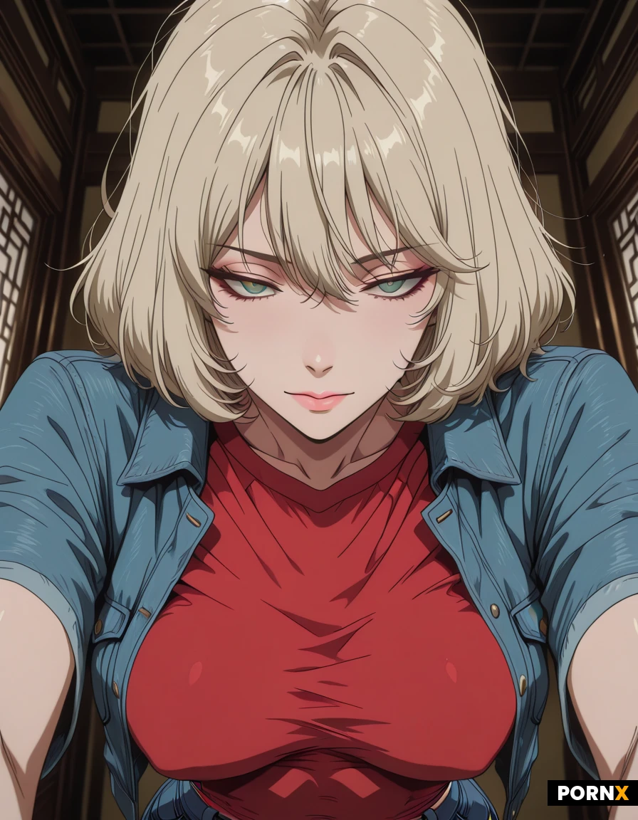 Photorealism. Cinematic lighting. Dynamic closeup portrait POV. Dark night. Ancient Chinese Temple. 1980's Pretty Blonde American Woman. Short messy dark blonde hair. Messy bangs. Pretty cute highly detailed horny face. Deep green eyes. Small nose. Square jaw. Skinny athletic fit. Medium perky breasts. Blue denim jacket. Red t-shirt. Blue jeans.