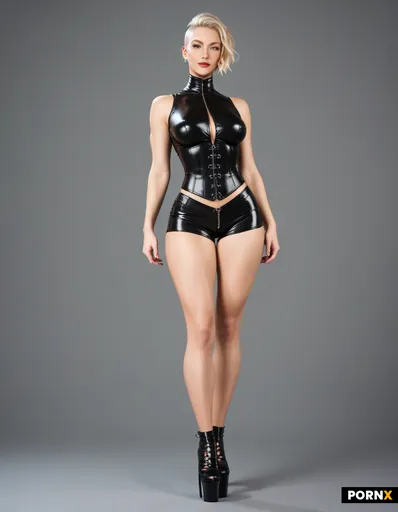 A slender snow‑white blonde with an ultra‑short asymmetrical undercut haircut