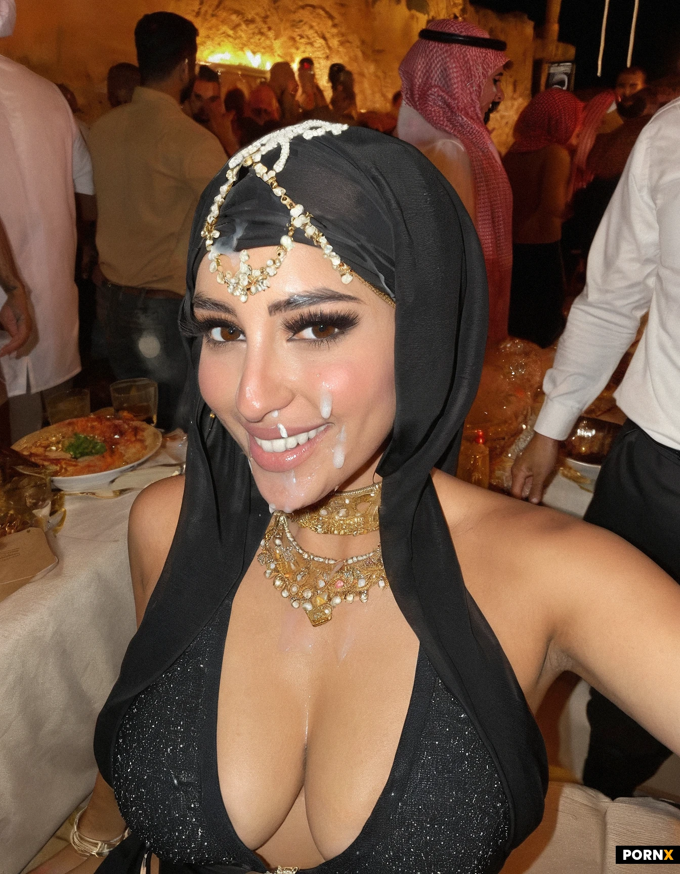 20yo arabian model. At a crowded Dinner-Party. She is the only woman, wearing a very sexy Bikini. All other Party-Guests wear evening dresses. A lot of cum on her face. Huge facial cumshots. Shy smile.