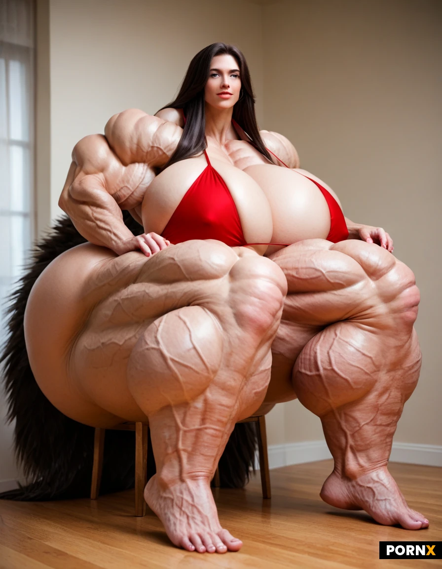 Full body profile image of a ultimative Super mega muscular female hyper muscle bodybuilder model, fixing her hair, in her 20s, super slim tiny waist, incredibly mega exaggerated huge boobs, ultra detailed, high resolution, anatomically accurate, perfect fingers, perfect anatomy, (hyper extreme colossal breasts: 1.59999), her soft floppy drooping natural breasts spill down to her sides, breasts drop to the sides of her chest, hyper massive breasts, breasts hypertrophy, disproportionately(gigantic colossal hyper breasts: 1.59999), unrealistic breasts size, giant expansion breast, extremely huge voluptuous breasts, massive breasts, bodylong hair, straight super long red hair, (exaggerated long hair: 2.95), super defined sixpack which shows every single ab absolutely ripped and defined, perfect hourglass figure, super mega thick mammoth tree like muscular legs, perfect face, feminine face, female facial features, perfect facial features, ultra sexy face, natural face, realistic face, perfect muscular hourglass, Bright green eyes, Extrem exaggerated muscles, ultra hyper massive muscle, expansion muscles, musle goddess, wearing a red bikini, perfect skin, ultimate muscles, long legs, massive muscles, overgrown hypermassive muscles, mega muscles, giganteque muscles, beyond female musle-goddess, mega muscles overgrowth at leg and abs, ultra exaggerated overgrown leg muscles, hypermassive expanded leg muscles, hair reaches the floor, disproportionately(gigantic colossal hypermuscular legs : 2.1), delicate feet, beautiful feet, sexy pose