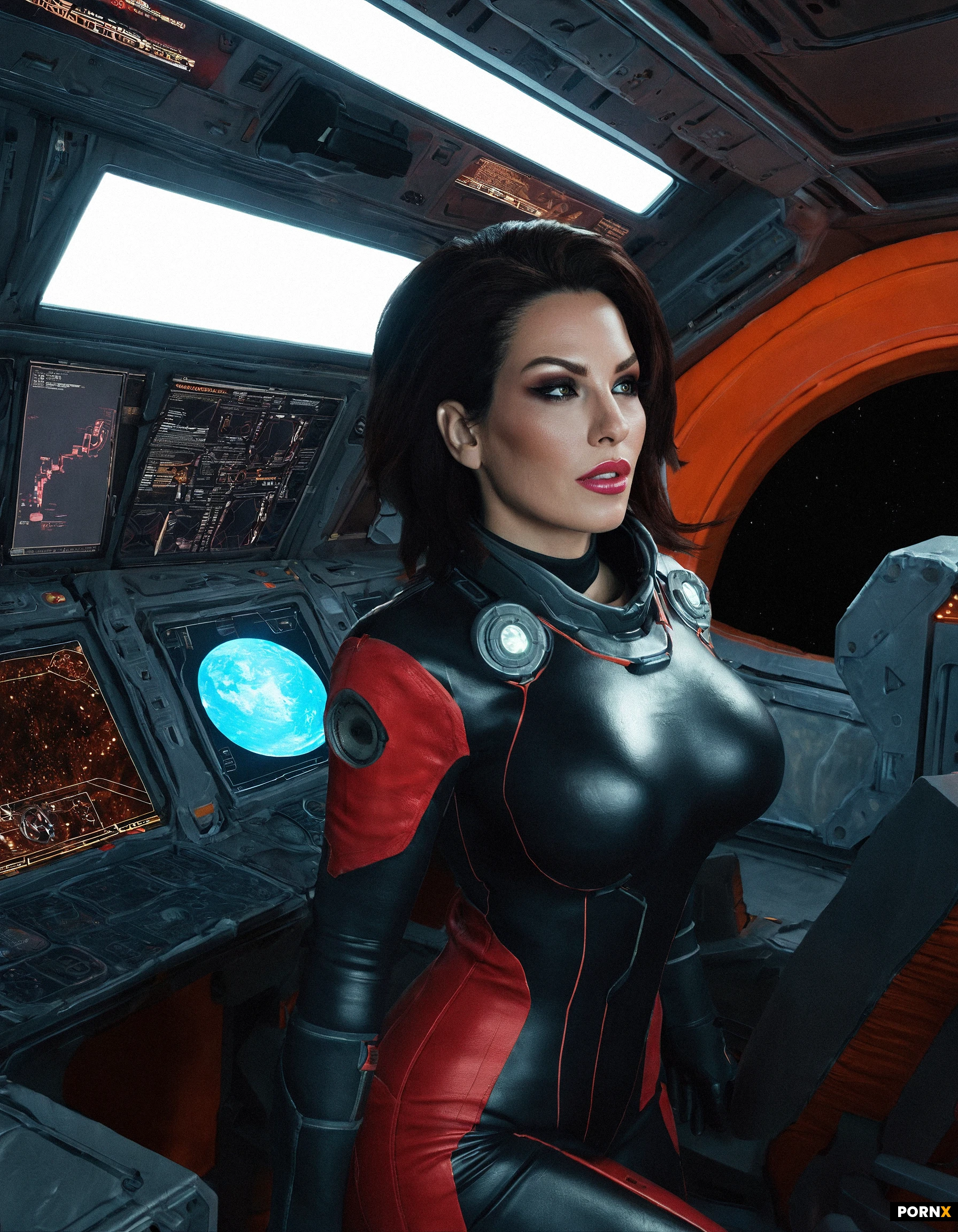 high detail, female space adventurer looks out the viewscreen in her spaceship. screens and dials glow in the dark ship. Black and red space suit is form-fitting and functional. medium breasts, brunette hair, pink lips, dark eye-shadow,
