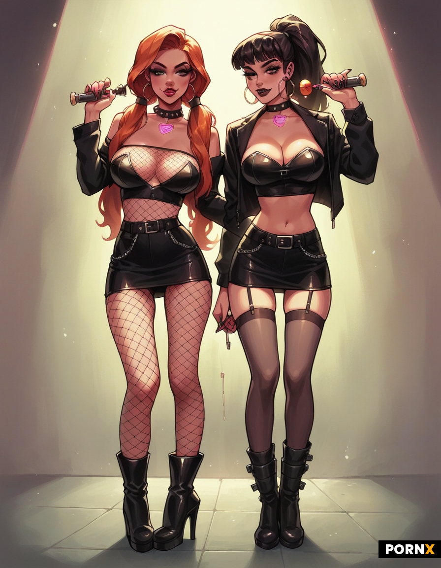 Two adorable female ravers giving intense handjob