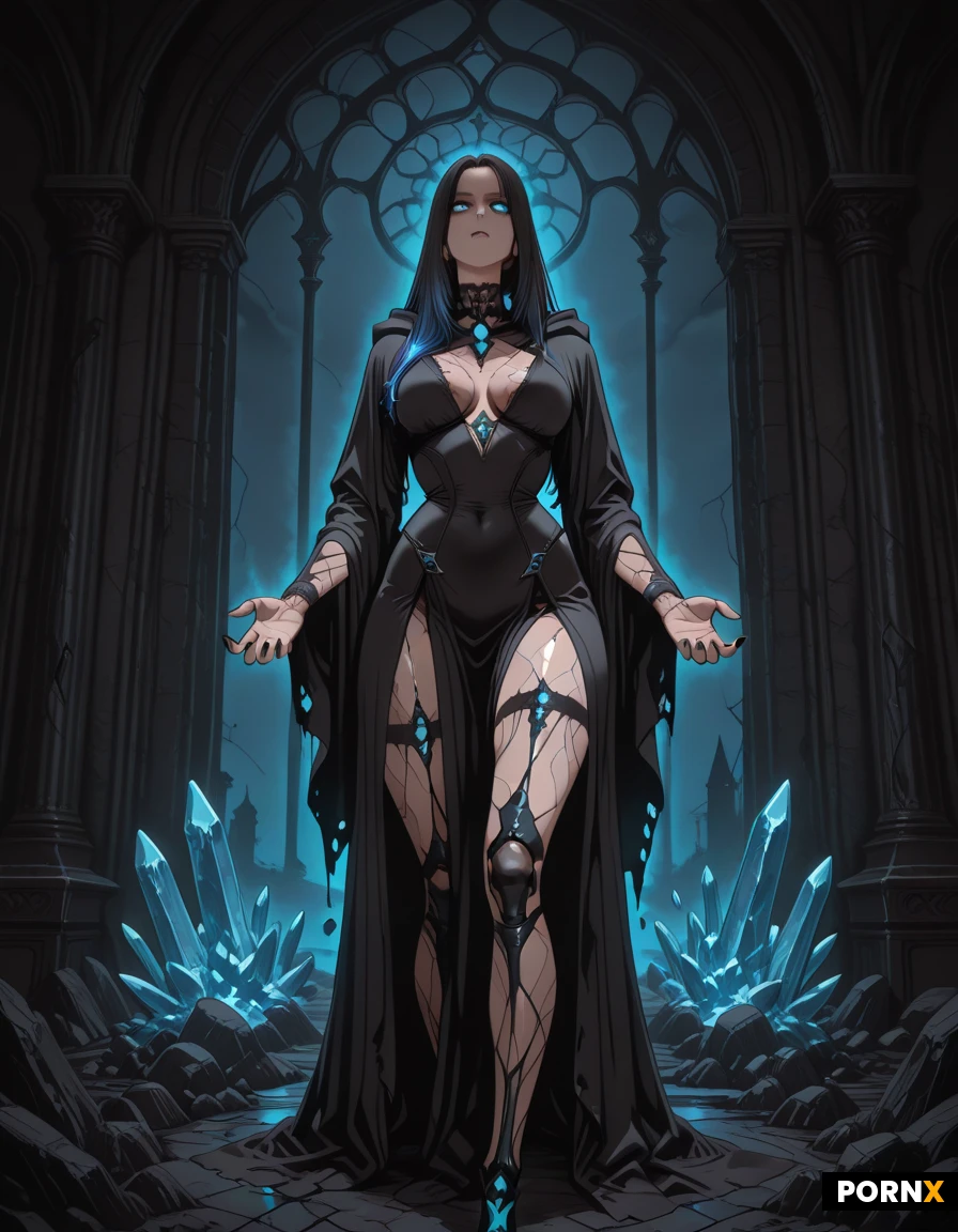 A hyper-detailed dark fantasy portrait of a hybrid goddess, The Heresy, standing on a black basalt altar inside the Crystal Nests of Veinara. Her translucent skin reveals pulsating veins of black basalt and electric blue quartz. Her face is both innocent and ancient, with two glowing crystal eyes (one blue, one blood-red). Long hair made of floating black crystal strands. She wears tattered black silk robes fused with shards of obsidian. The walls are covered in black and blue crystals, with ghostly skeletal hands reaching from the cracks. Volumetric lighting with deep shadows, cinematic chiaroscuro, 8K, inspired by Luis Royo, hyper-realistic textures, dramatic mood, dark gothic atmosphere