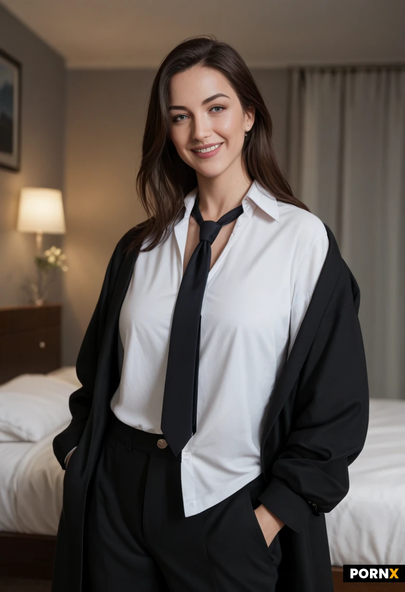 masterpiece, best quality, highres, absurdres, 1girl, solo, adult, long_hair, blue_eyes, baggy_oversized_clothing, formal_suit, tie, oversized_suit_jacket, oversized_shirt, baggy_pants, masculine_style, standing, hands_in_pockets, casual_pose, looking_at_viewer, smiling, confident, bedroom, night, cinematic_lighting, close_up, depth_of_field