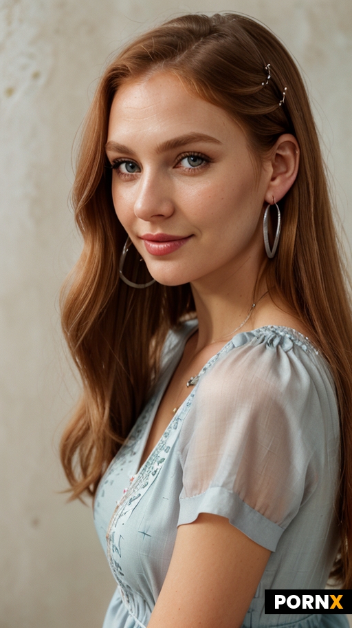 Medium close-up portrait of an adult Caucasian woman with long straight strawberry blonde hair parte