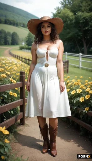 Femboy with long brown curly hair under a straw cowboy hat
