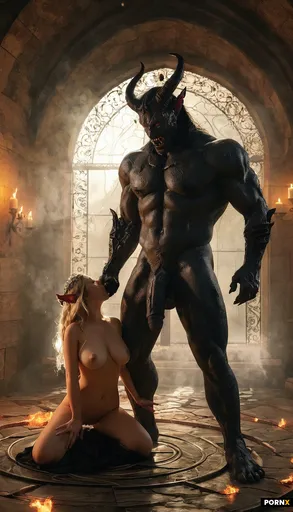 A couple with body size difference of a male nude devil-like-demon
