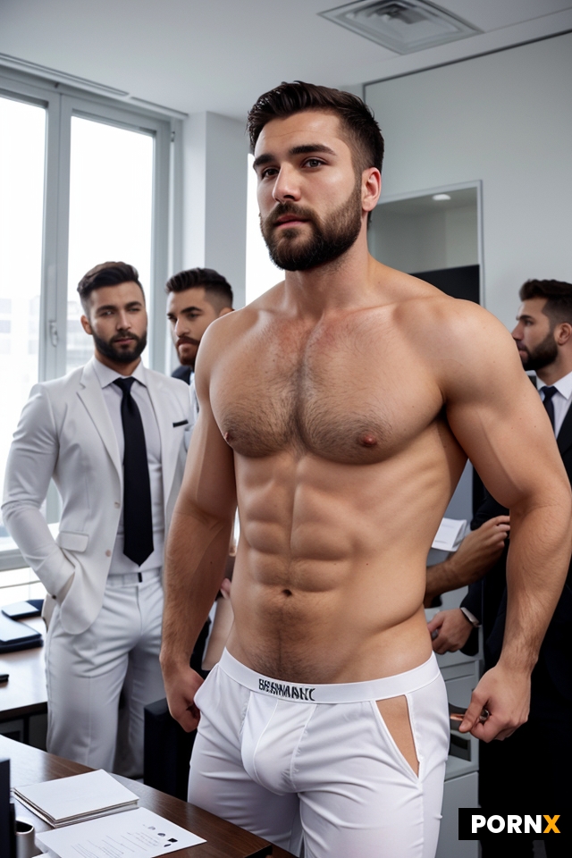 One shirtless guy in his white briefs is surrounded by many bearded businessmen and men in formal su