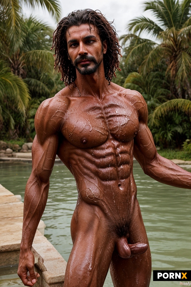 tall male demon with horns with very thin lean body with body hair