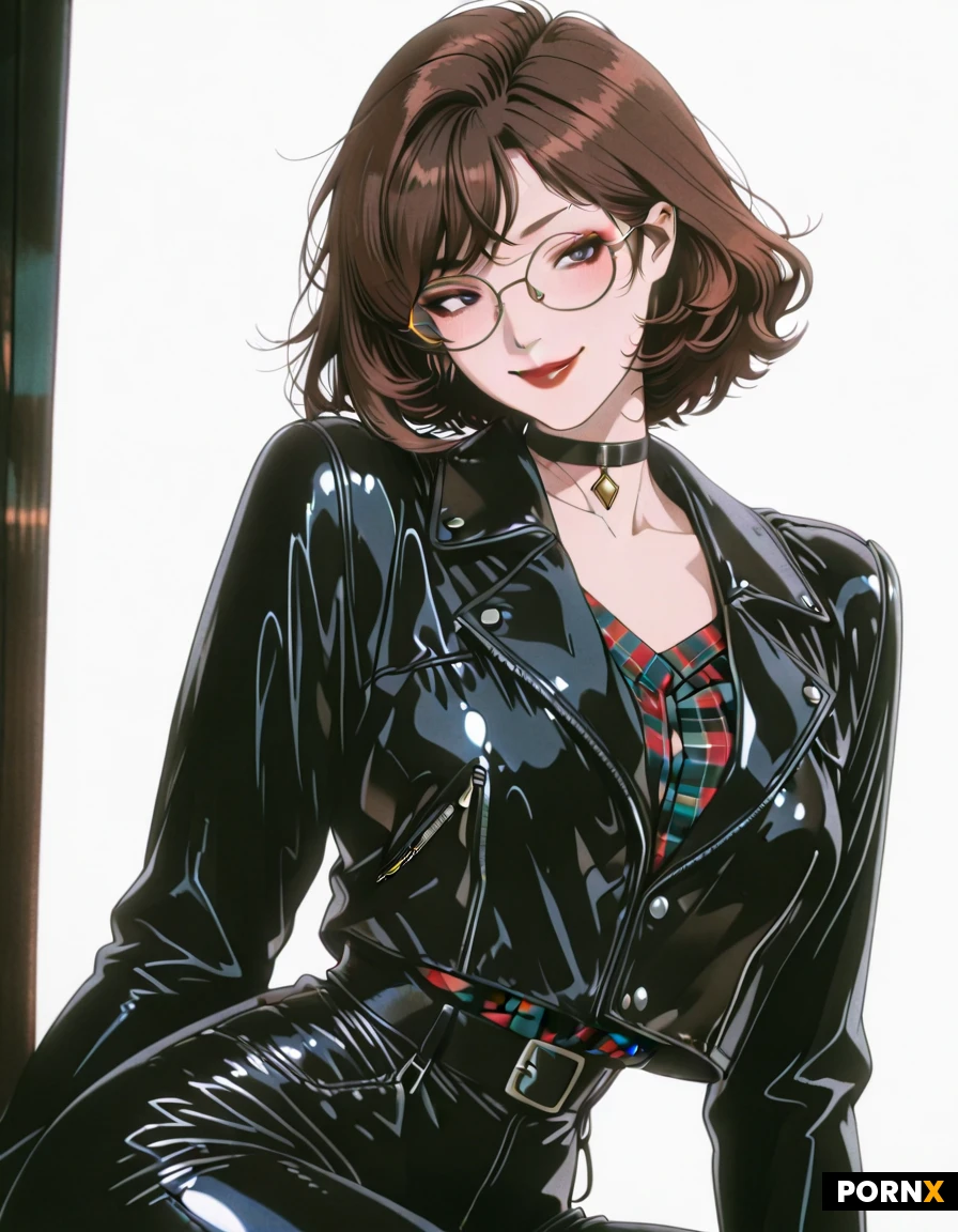 Face: Fair complexion with an oval shape.
Hair: Dark brown and straight, styled with deep side-swept bangs.
Eyes & Glasses: Dark eyes framed by thin, round, wire-rimmed glasses, sitting below slim, gently arched eyebrows.
Nose: Straight and slightly prominent.
Lips: Full, tinted with a deep dark-red lipstick, and settled into a subtle, relaxed smile.
Body: slim and slender build, lean, characterized by a narrow waist and long, delicate appearance
style and clothes: mix of Soft Grunge and Edgy Alternative (Geek Chic), black leather moto jacket, plaid shirt, tight black leather pants, choker, and dark color palette.