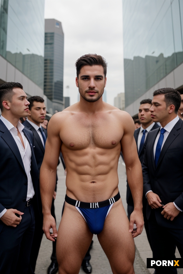 A guy in his jockstrap is surrounded and fucked by many businessmen in formal suits outdoor