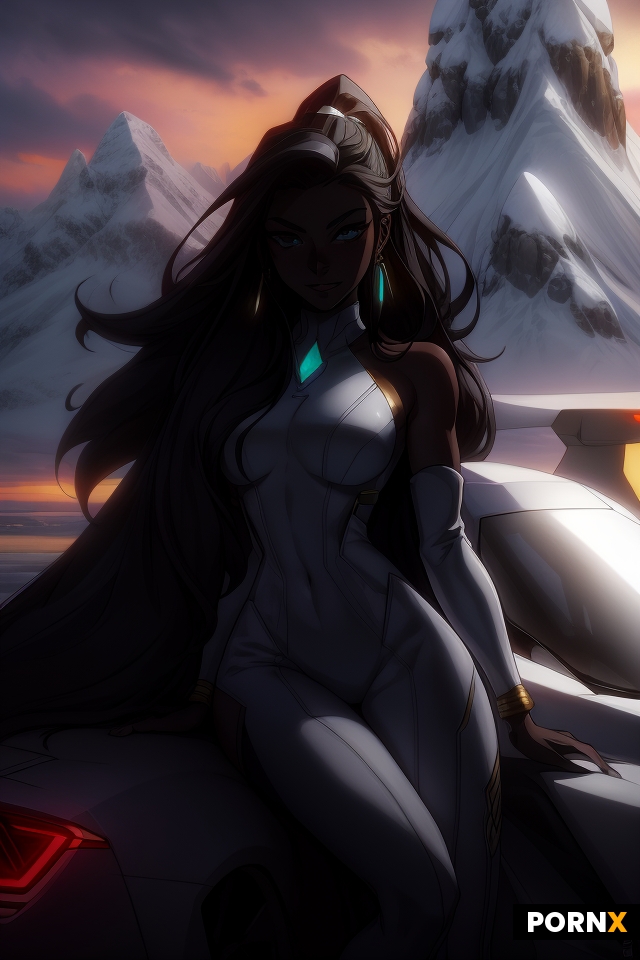 scene_description: akali is modeling in a sexy pose next to a sleek futuristic space age supercar du