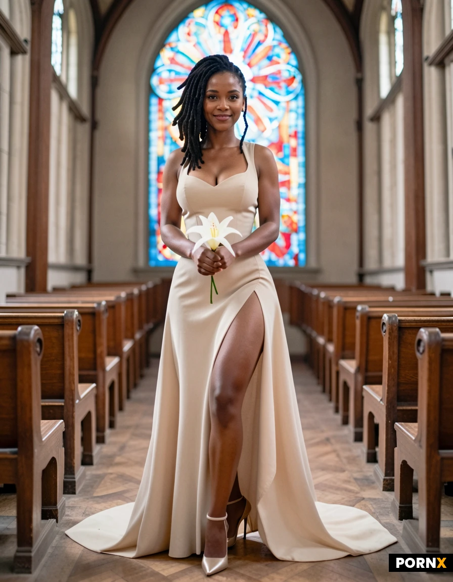 masterpiece, best quality, highres, absurdres, bride, short_dress, bare_legs, high_heels, smiling, holding_flower, church_interior, stained_glass_window, cinematic, atmospheric, beautiful_lighting, soft_light, full_body, standing, detailed_background, depth_of_field, photorealistic, ultra_detailed, ray_traced