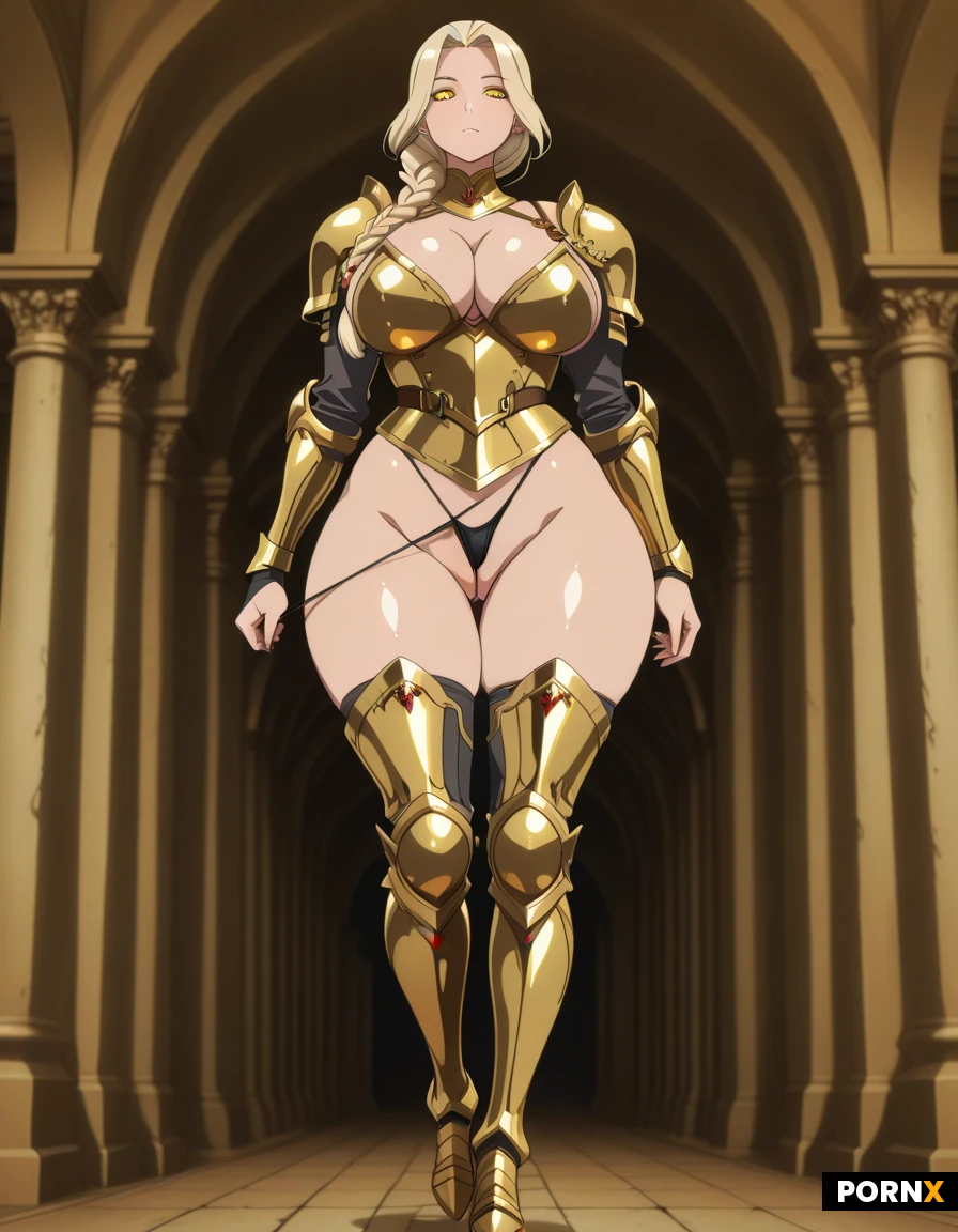 A tall warrior goddess, long blonde braided hair, golden eyes, gleaming armor, full body, big breasts, large ass, tight armor, curvy, beautiful, wearing a thong, front view, puffy pussy, thong pulled to the side