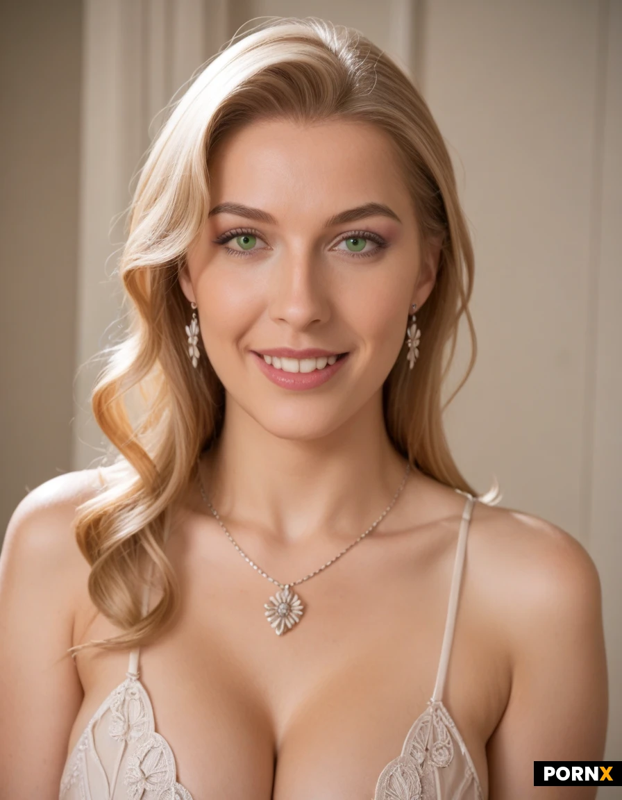 Photorealistic portrait of Maria, Lexington Kentucky, mid-to-late 30s. Tall commercial-model frame, long highlighted honey-blonde hair worn down in soft waves past the shoulders, center or slight off-center part. Oval face, high cheekbones, clean jaw, fair-warm skin, defined brows, light hazel-green eyes, straight fine nose, medium-wide mouth with a bright pageant-host smile, even white teeth. Small earrings, thin necklace. Current look is hosting/lifestyle rather than 2009 pageant spray: camera makeup, not heavy editorial. Shoulders sloped and narrow, long lean arms. Outfit: contemporary Lexington-host style — fitted blouse or belted shirtdress, professional but pretty, visible collarbones, defined waist in clothes. Long legs. Three-quarter or full-length studio or lifestyle shot, natural elegant lighting, high detail, realistic skin.