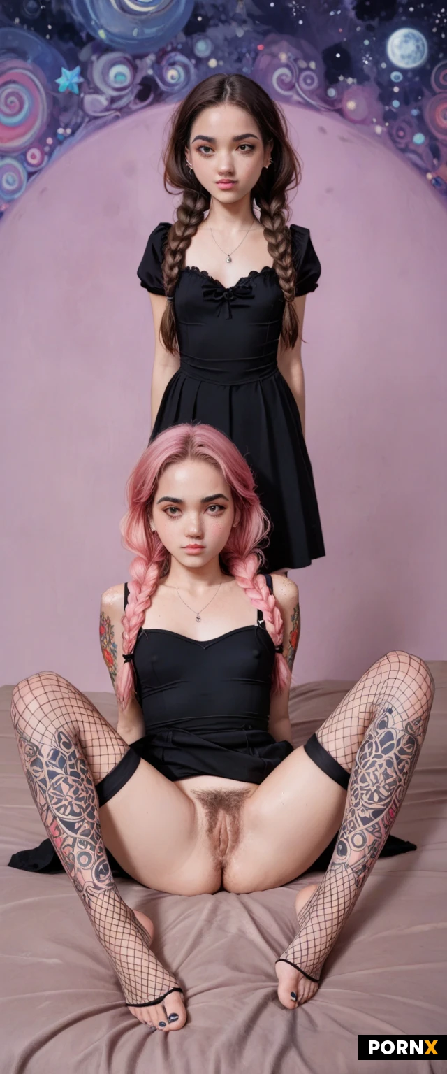 Two woman,(realism:1.6),(anime:2),(celestial:1.8),(toon:1.5),manga,legs spread,(tall:1.2),thin,pink hair,braids,freckles,Black eyes,freckles,thick eyebrows,(psychedelic tattoos:1.4),small breasts,nipple,in bed,(sweaty),panties down,hairy pussy, fishnet Black dress,stockings,(masterpiece),(highly detailed:1.8),(psychedelic:1.4),foot fetish,breast exposed,sad face,feet on face