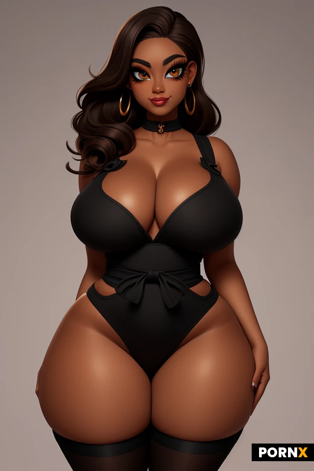woman, dark skin, light brown hair, lots of makeup, (thick black eyeliner:1.2), long eyelashes, eye shadow, huge fat lips, earrings, (curvy:1.5), (thick:1.45), perky, tight, firm, (wide hips:1.5), (narrow waist:1.475), lipstick, (large eyes:1.1), (amber eyes:1.1), (tight apron:1.05), smirk, portrait