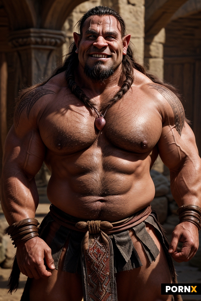A brutish half orc barbar wearing a loin cloth and leather armor