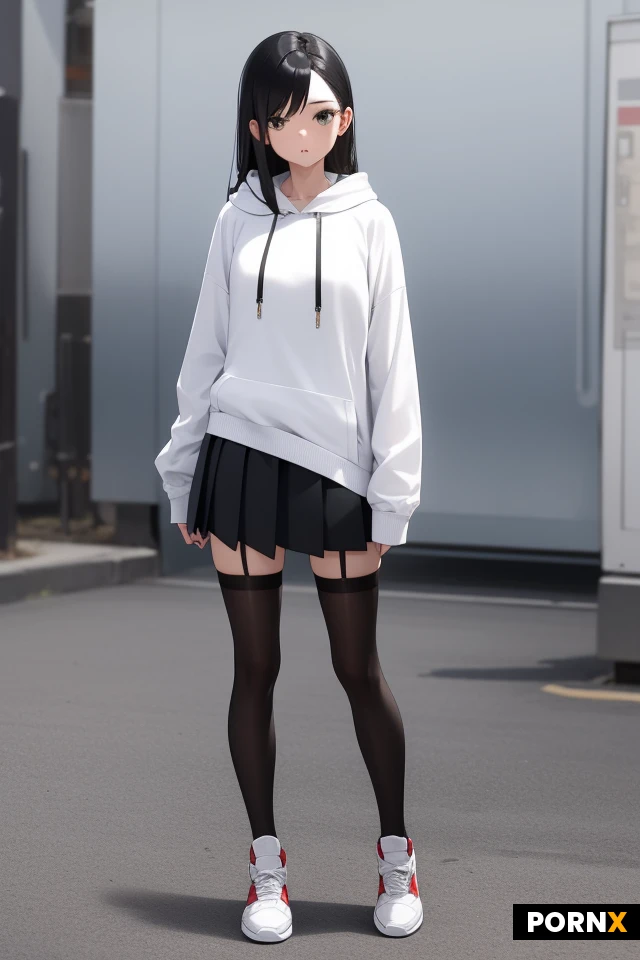 Her long, straight black hair draped over the hood of her white hoodie; she wore a black pleated skirt paired with sheer black stockings and white sneakers. Full-body view.
