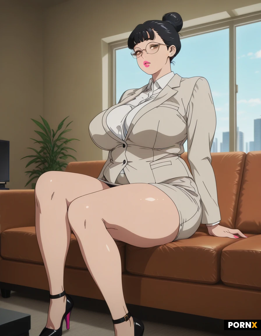 Woman, One, 40_years_old, light_skin, busty,thick,chubby,Huge_breasts,Rounded_breasts,Huge_hips, Black_hair,Slick_hair,Hair_bun,Tranquil_eyes,Brown_eyes,Small_nose, busty_lips,glasses,Office_shirt,Skirt,high_heels,Living_room, Couch, Day_light, 2D, Anime, Octane_render,Bulge_under_skirt,(Office_jacket:1.2), Pink_lipstick,