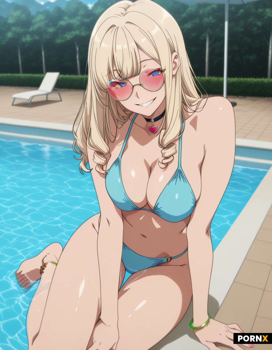 Blonde sugar in blue bikini pool side medium length choppy scene hair big smile heart glasses choker